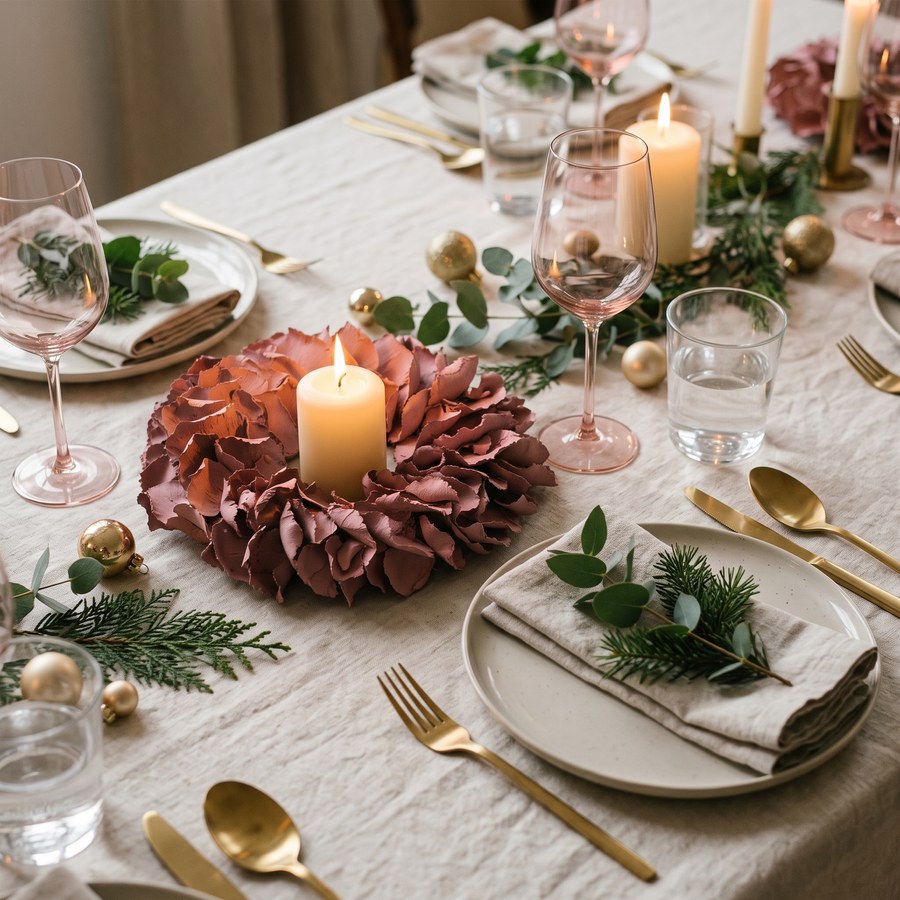 Krans 25 cm plat op de kersttafel rond een stompkaars
