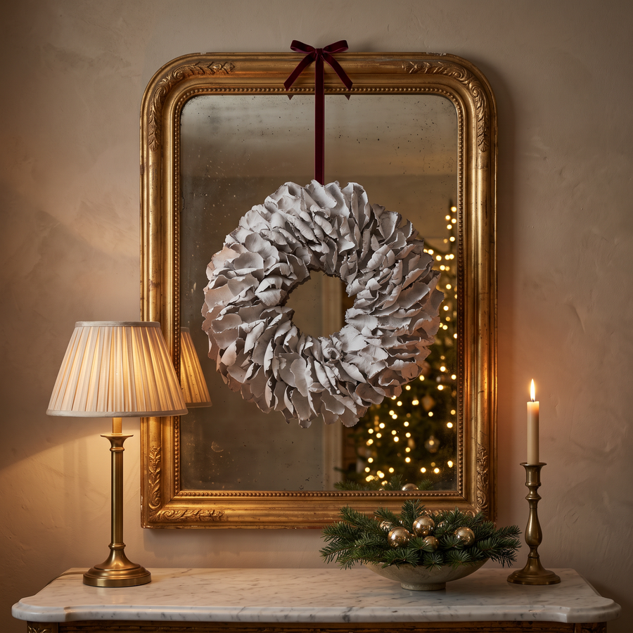 Witte palmbladkrans 40 cm voor een gouden spiegel in de hal met kerst