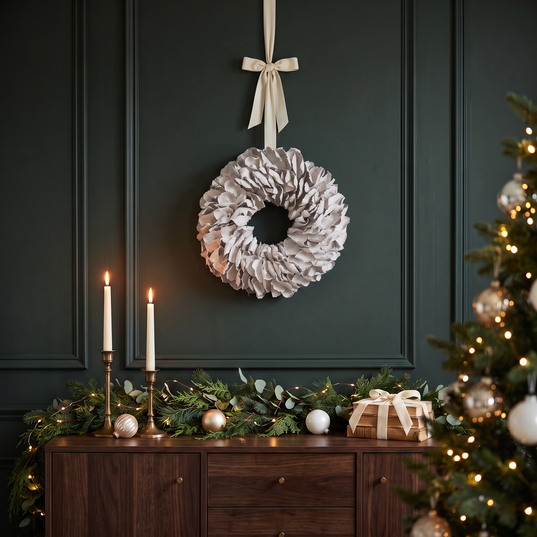 Witte palmbladkrans 55 cm aan een groene paneelwand met kerstslinger en kerstboom