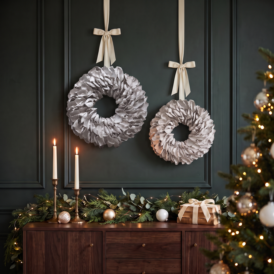 Witte palmbladkransen Ø55 en Ø40 cm samen aan de muur met kerst