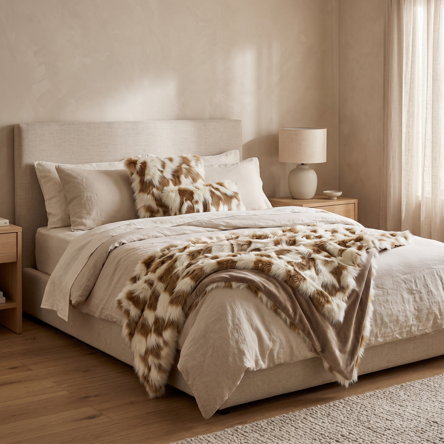 Gabriella plaid en Gabriel kussens 45x45 en 30x50 op bed in beige slaapkamer