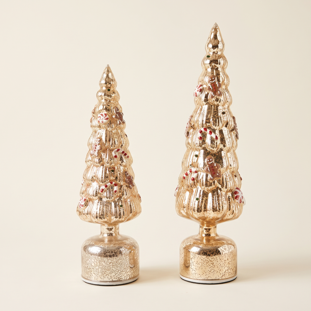 Kerstboom LED glas goud met gingerbread klein en groot