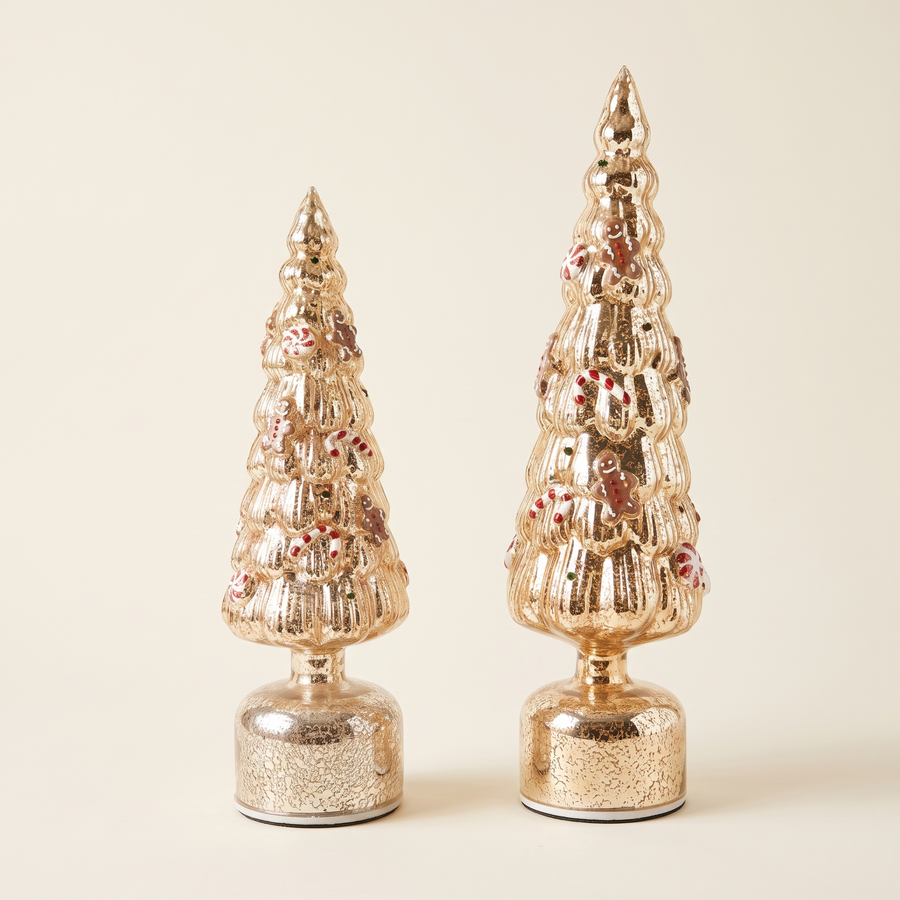 Kerstboom LED glas goud met gingerbread klein en groot