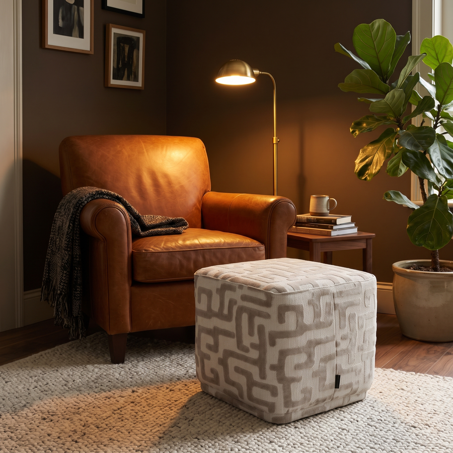 Vierkante poef doolhofprint naturel als voetenbank bij fauteuil