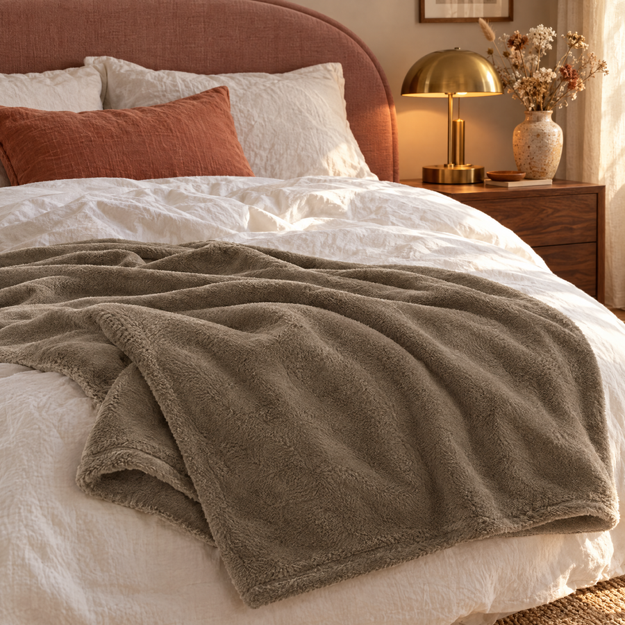 Fleece plaid taupe op het voeteneind van een opgemaakt bed