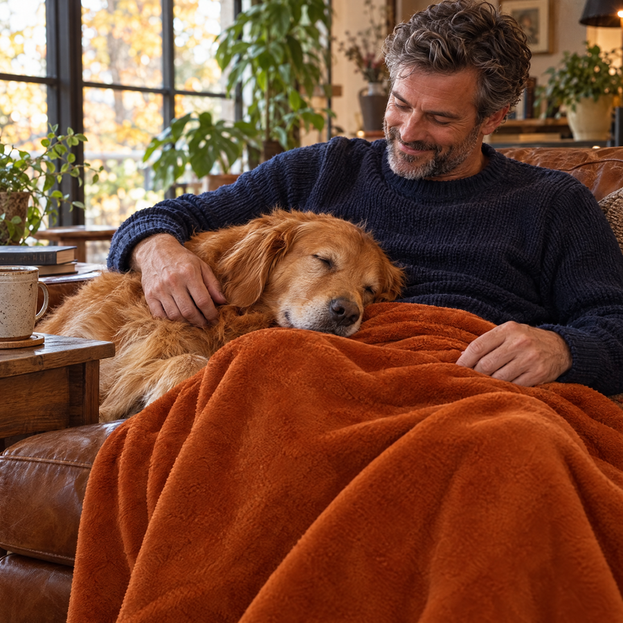 Man op de bank onder de fleece plaid terra met zijn hond op schoot