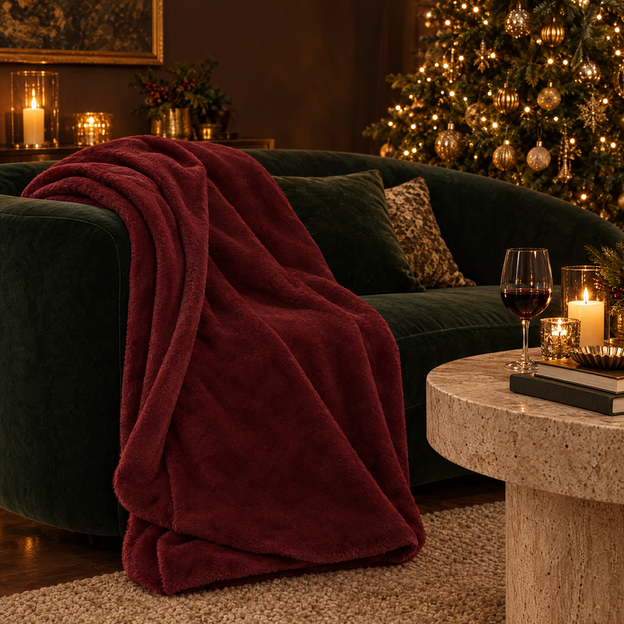 Fleece plaid bordeaux over een groene velvet bank bij de kerstboom