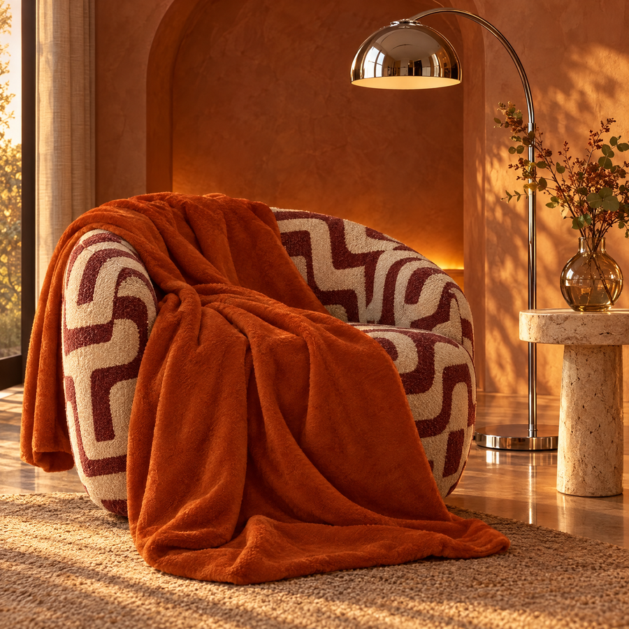 Fleece plaid terra over een design fauteuil voor een terracotta boog