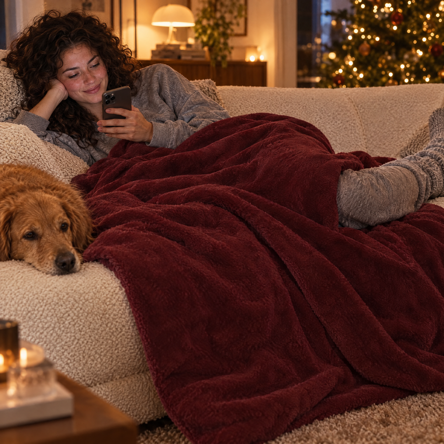 Vrouw ligt op de bank onder de fleece plaid bordeaux met haar hond ernaast