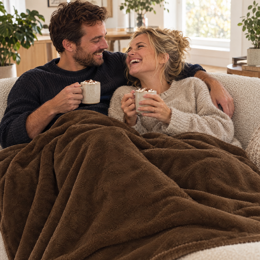 Stel samen onder de fleece plaid bruin op de bank met warme chocolademelk