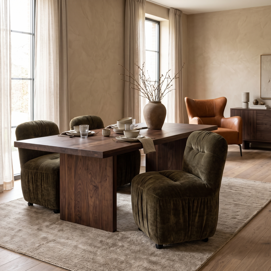 Nook eetkamerstoel groen in een warm interieur