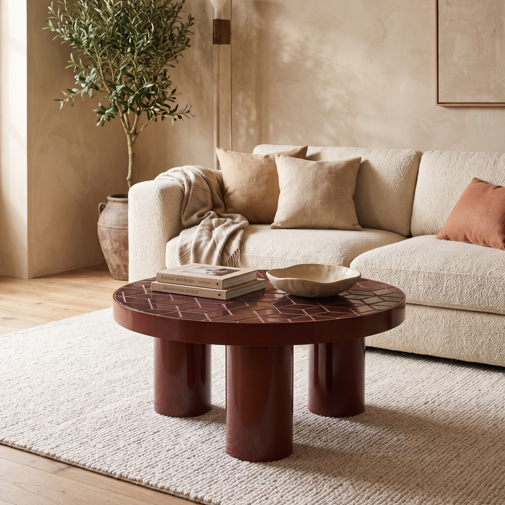 Salontafel Patterna rood in een warm interieur