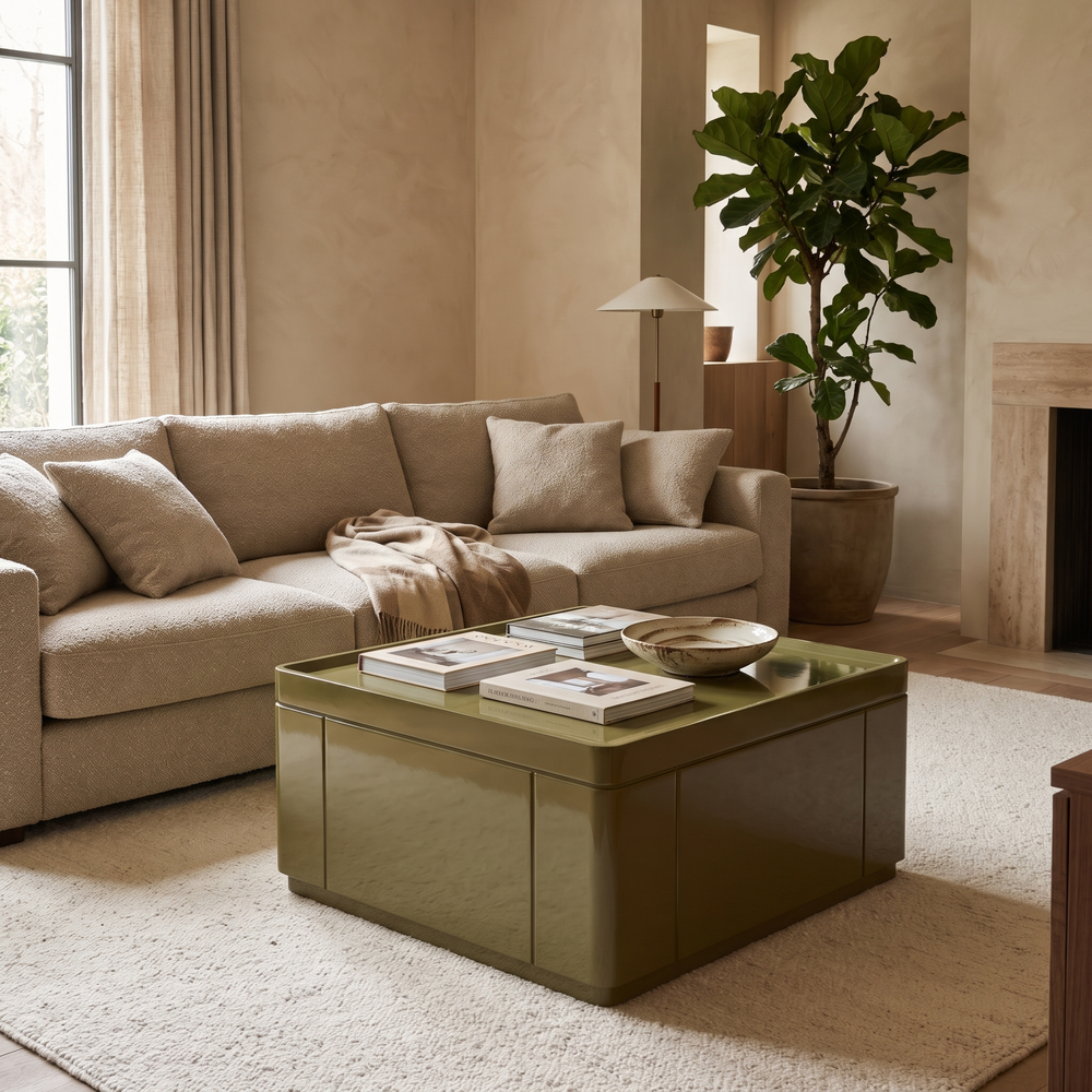 Salontafel Glyde olijfgroen in een warm interieur