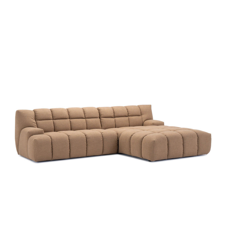 Hoekbank Lucca met chaise longue rechts, getuft bouclé camel