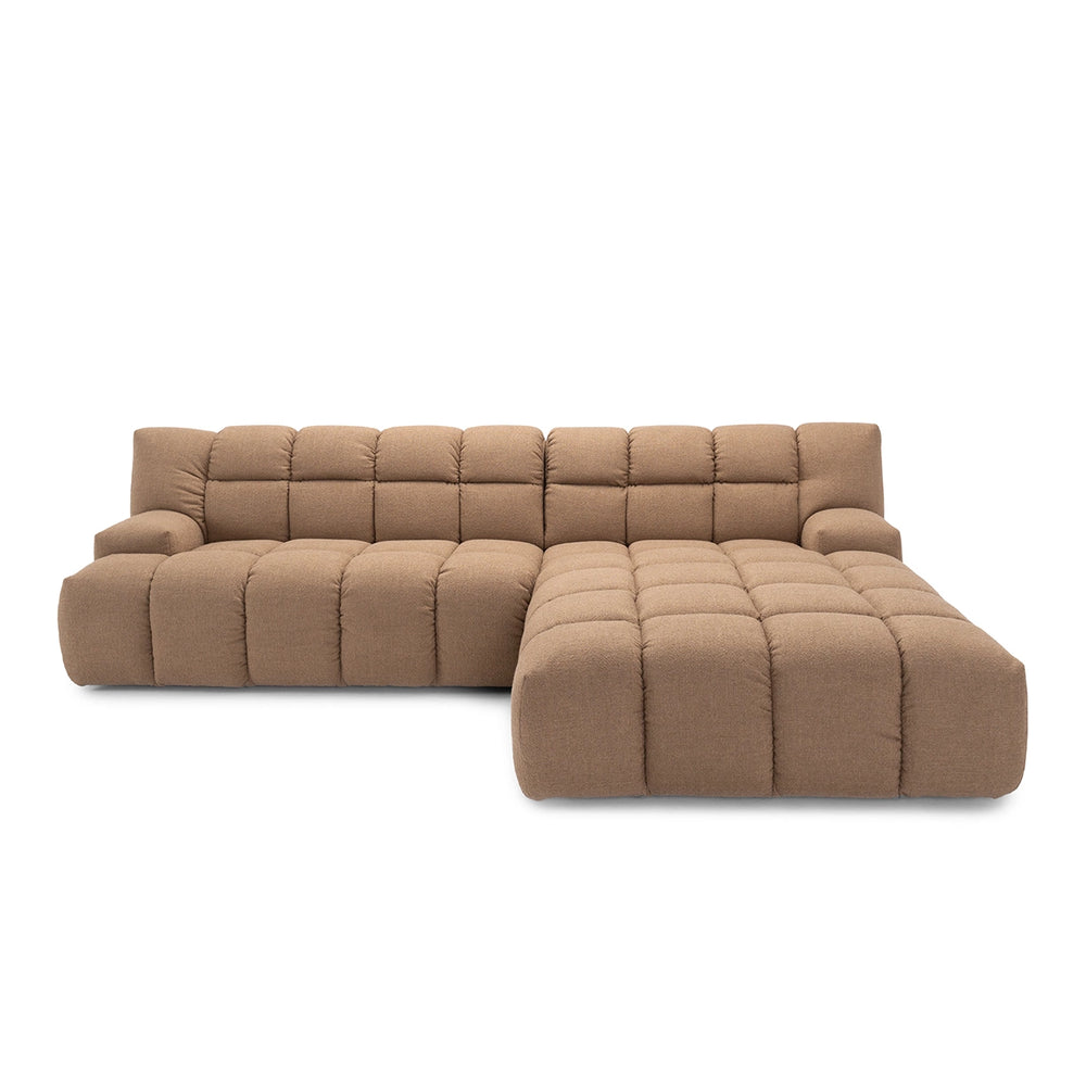 Getufte hoekbank Lucca met chaise longue rechts, vooraanzicht camel