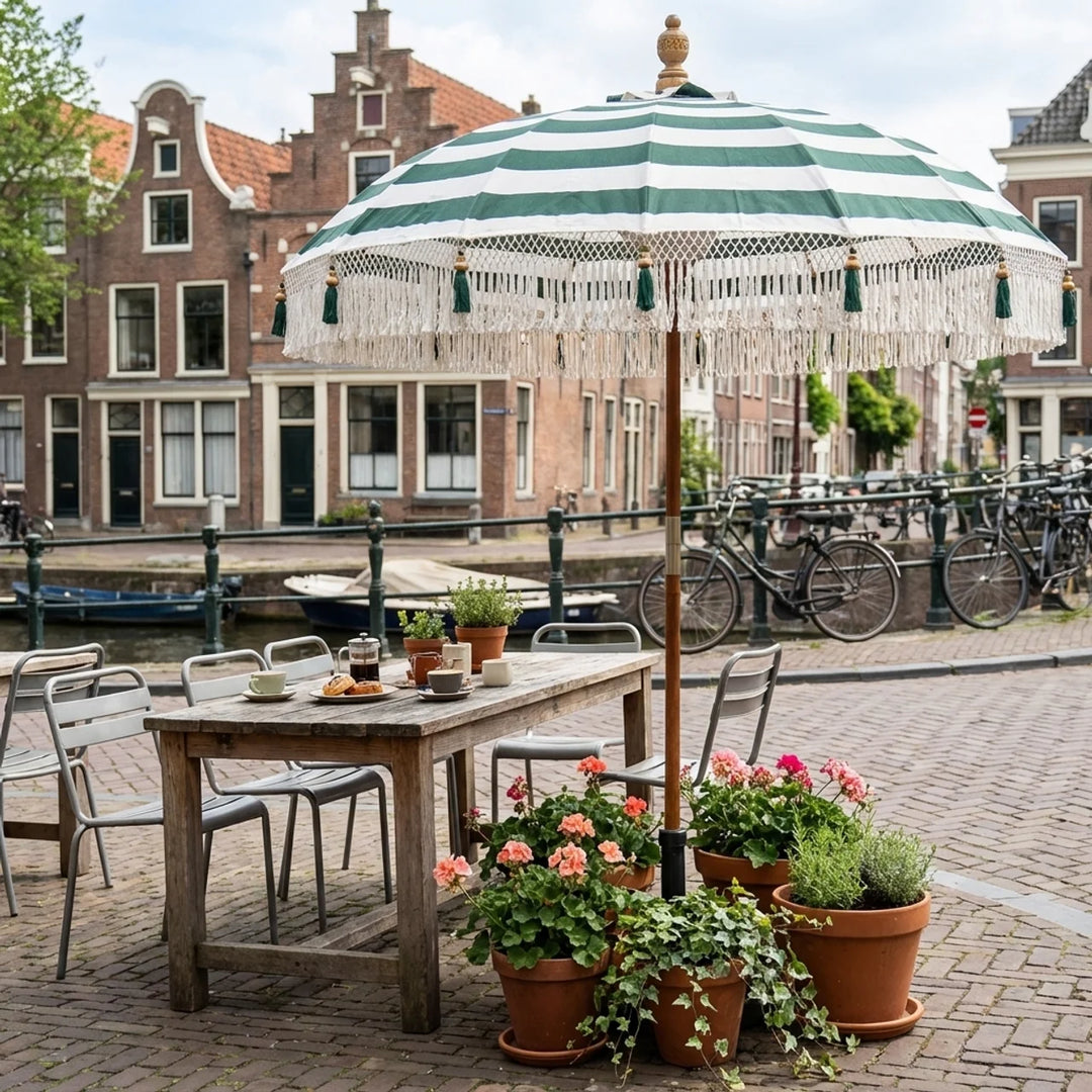 Bali Parasol Groen/Wit Ø185 cm – Boho Tuinparasol met Franjes