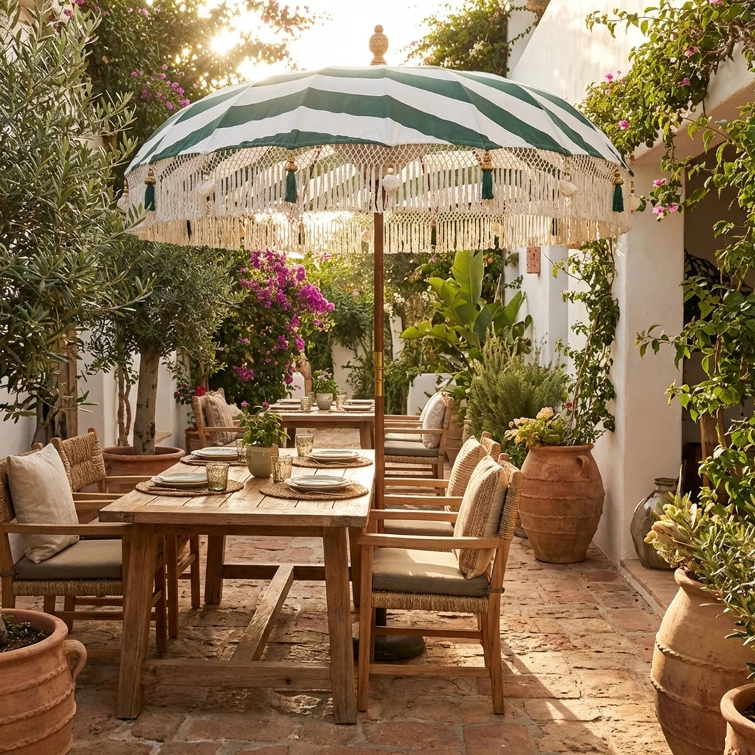 Bali Parasol Groen/Wit Ø185 cm – Boho Tuinparasol met Franjes