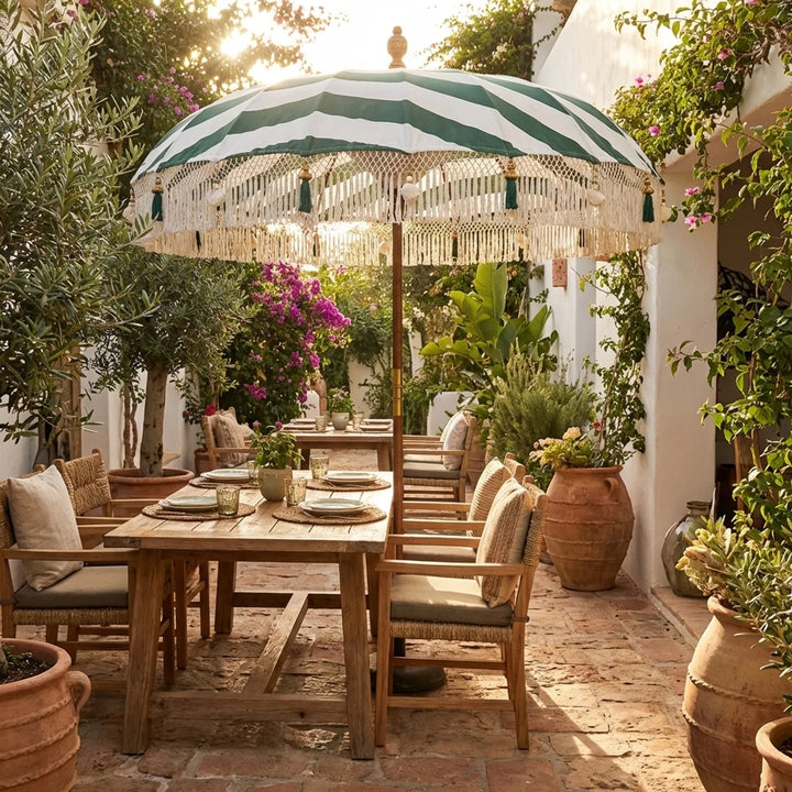 Bali Parasol Groen/Wit Ø185 cm – Boho Tuinparasol met Franjes