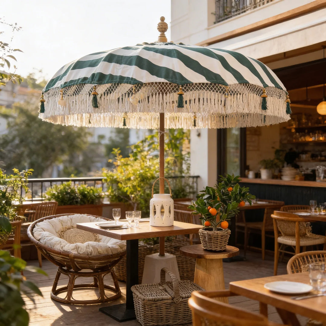 Bali Parasol Groen/Wit Ø185 cm – Boho Tuinparasol met Franjes