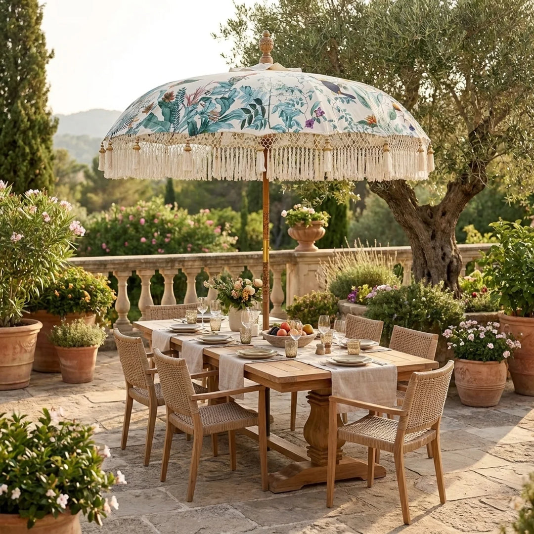 Bali Parasol Crème met Vogels Ø185 cm – Luxe Boho Parasol met Franjes