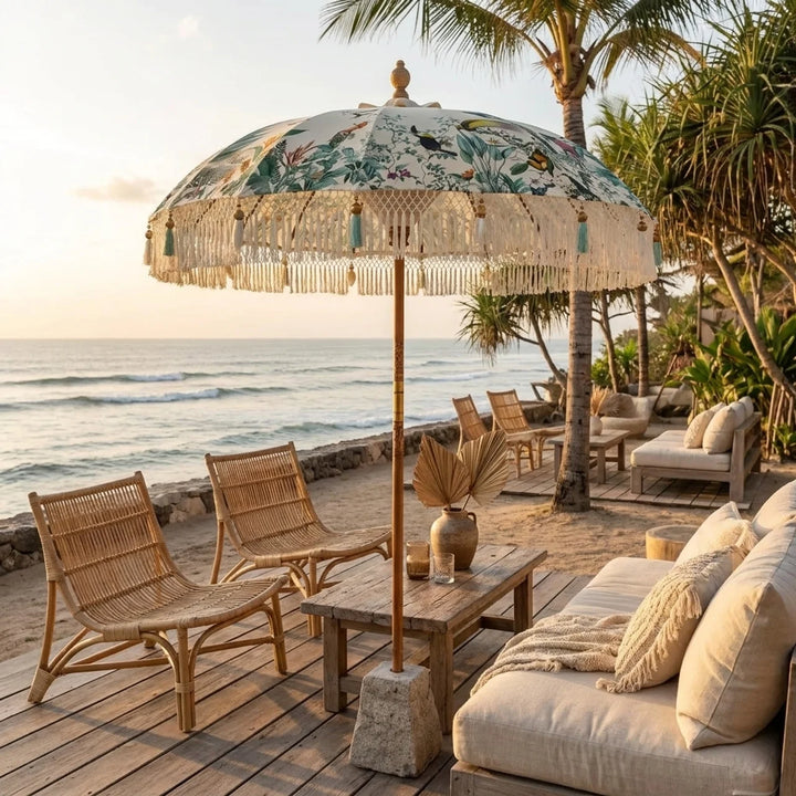 Bali Parasol Crème met Vogels Ø185 cm – Luxe Boho Parasol met Franjes