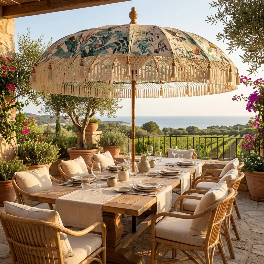 Bali Parasol Crème met Vogels Ø185 cm – Luxe Boho Parasol met Franjes