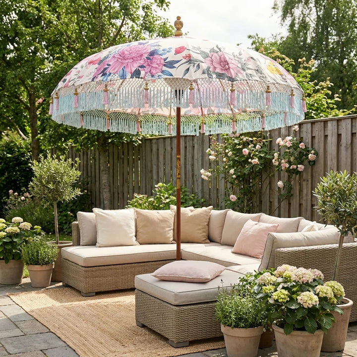 Parasol Bali Wit Roze Bloemen Ø185 cm – Luxe Boho Parasol met Franjes