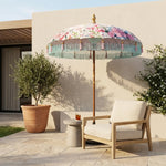 Parasol Bali Wit Roze Bloemen Ø185 cm – Luxe Boho Parasol met Franjes