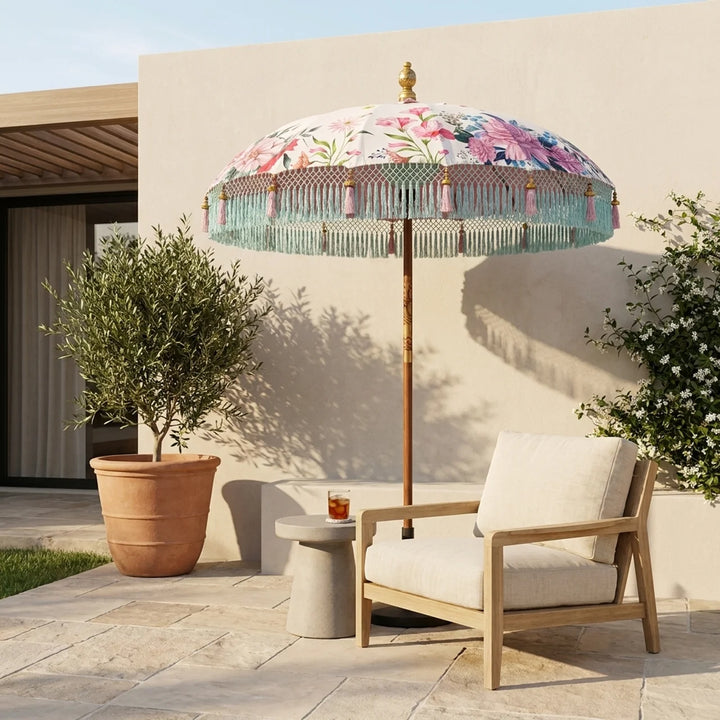 Parasol Bali Wit Roze Bloemen Ø185 cm – Luxe Boho Parasol met Franjes