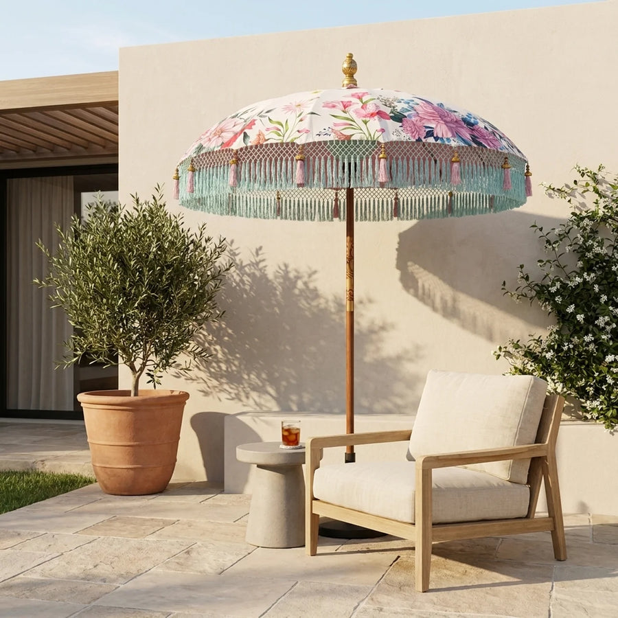 Parasol Bali Wit Roze Bloemen Ø185 cm – Luxe Boho Parasol met Franjes