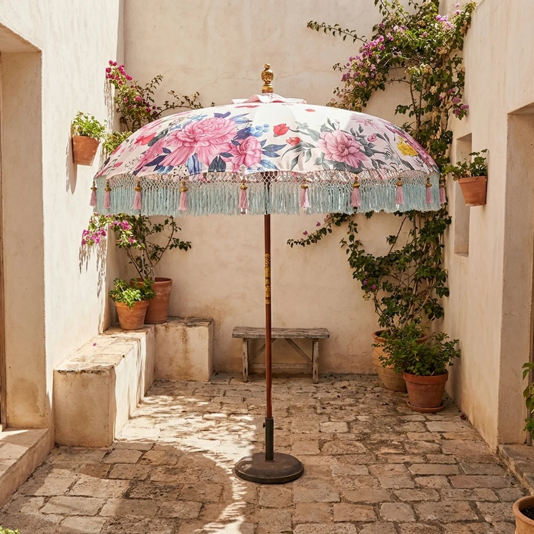Parasol Bali Wit Roze Bloemen Ø185 cm – Luxe Boho Parasol met Franjes