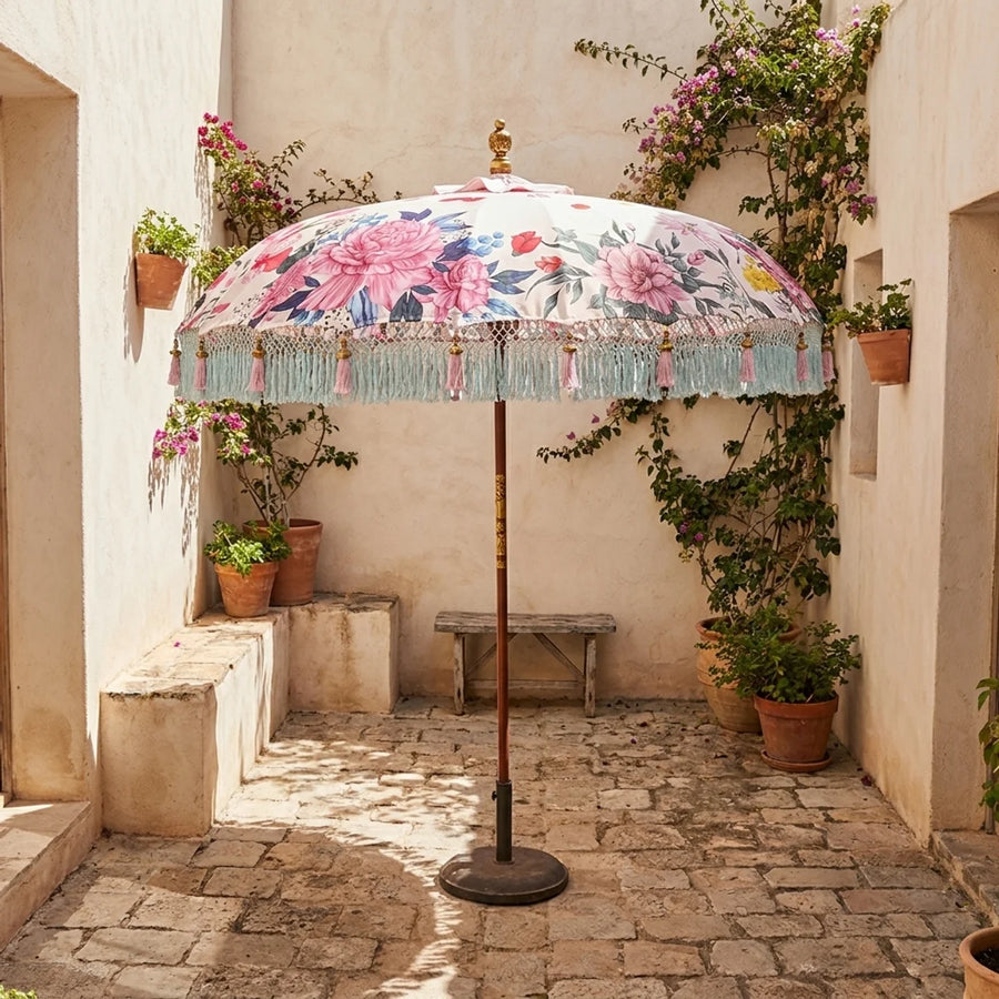 Parasol Bali Wit Roze Bloemen Ø185 cm – Luxe Boho Parasol met Franjes