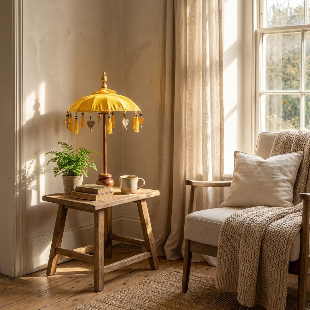 Mini Parasol Bali Geel – Luxe Tafelparasol met Franjes