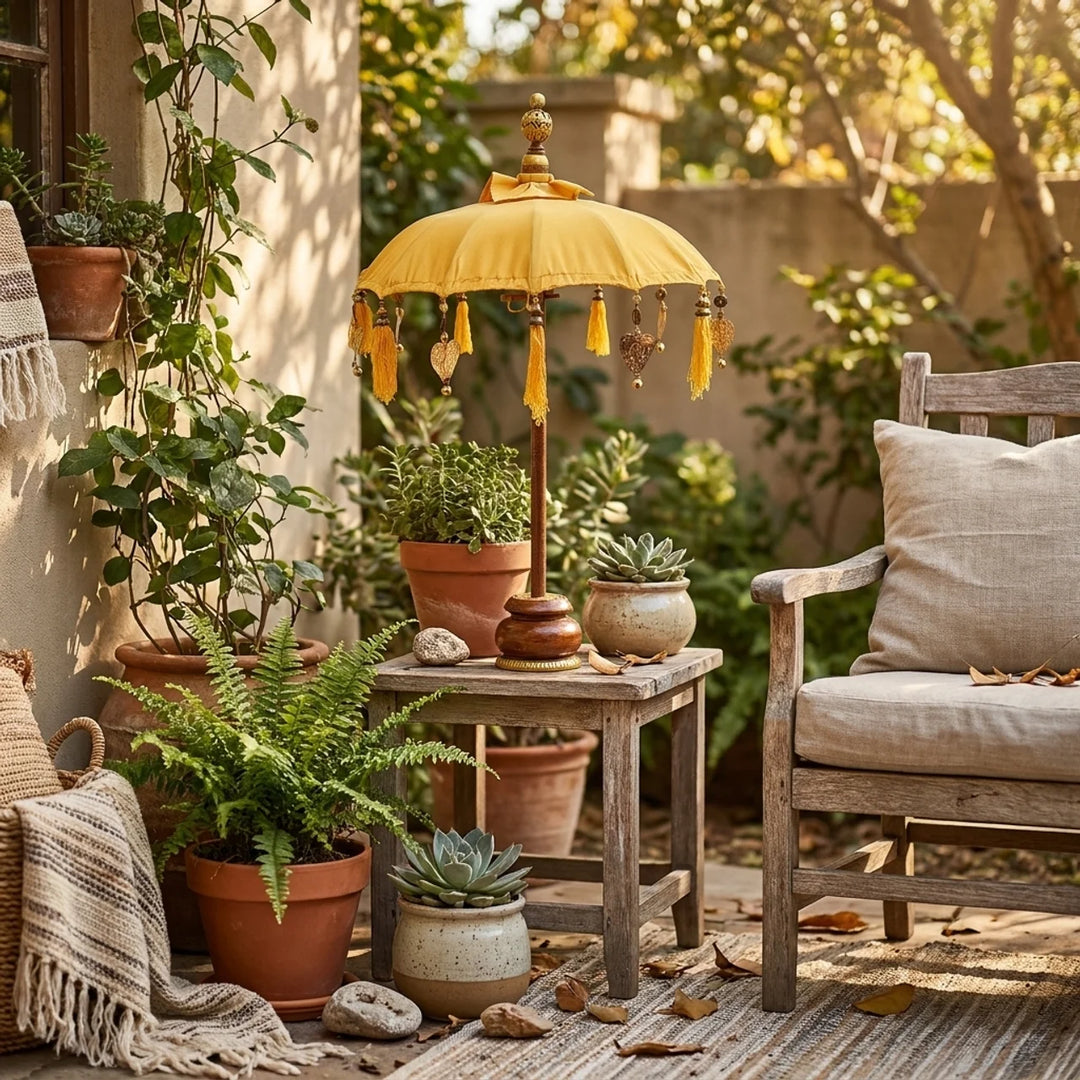 Mini Parasol Bali Geel – Luxe Tafelparasol met Franjes