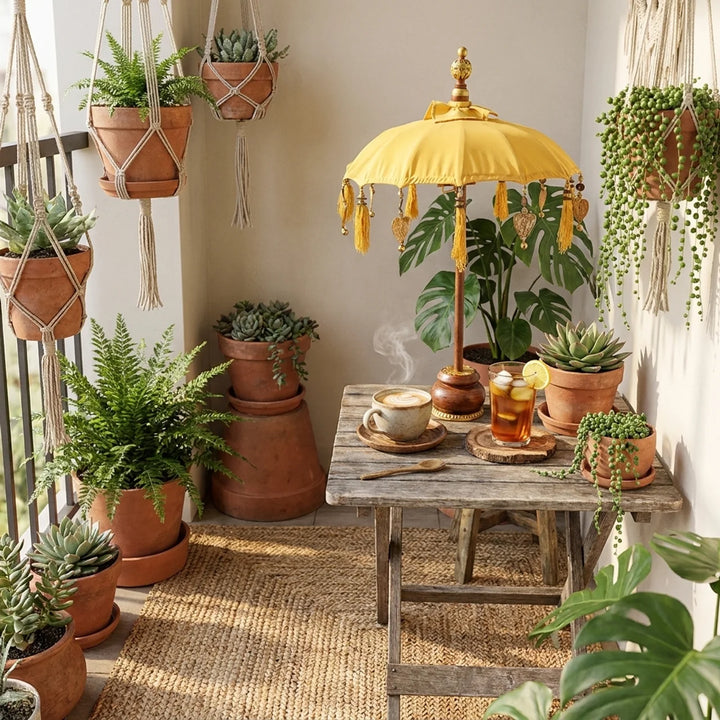 Mini Parasol Bali Geel – Luxe Tafelparasol met Franjes