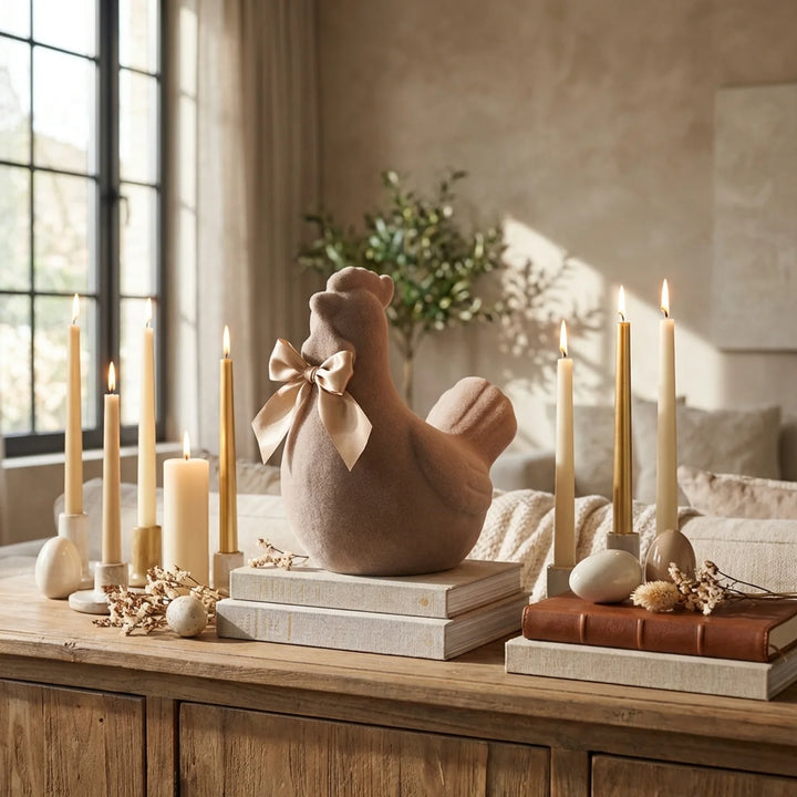 Paaskip Decoratie XL 42 cm – Flock Paasbeeld met Strik | Luxe Paasdecoratie