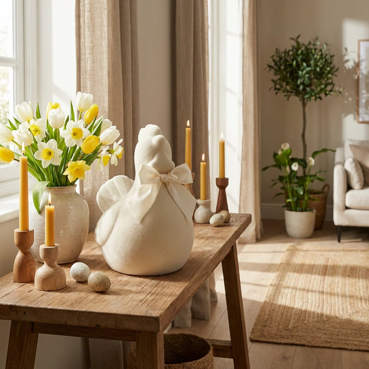 Paaskip Decoratie XL 42 cm – Flock Paasbeeld met Strik | Luxe Paasdecoratie