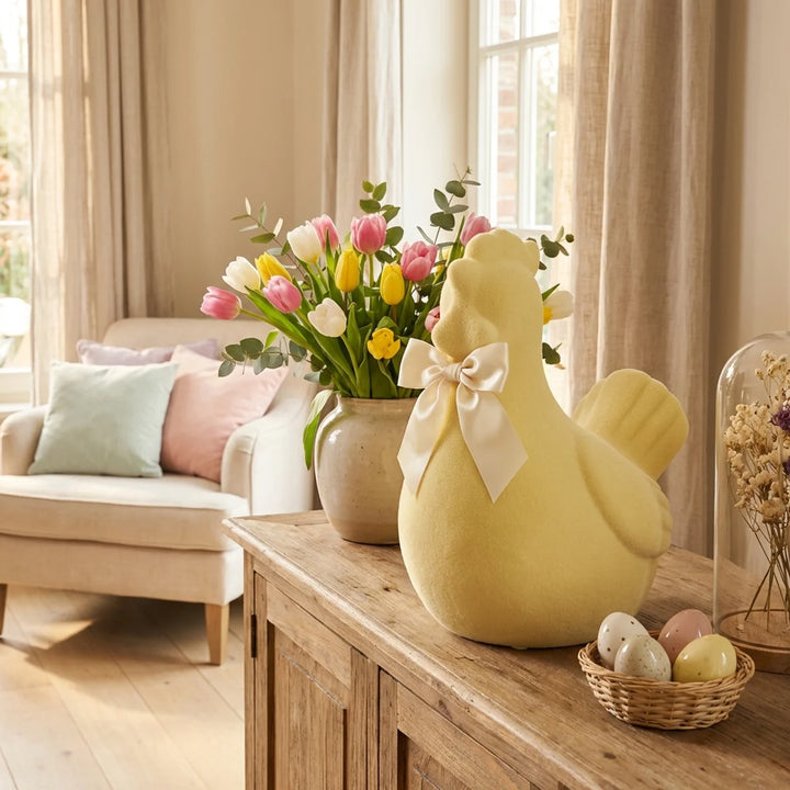 Paaskip Decoratie XL 42 cm – Flock Paasbeeld met Strik | Luxe Paasdecoratie