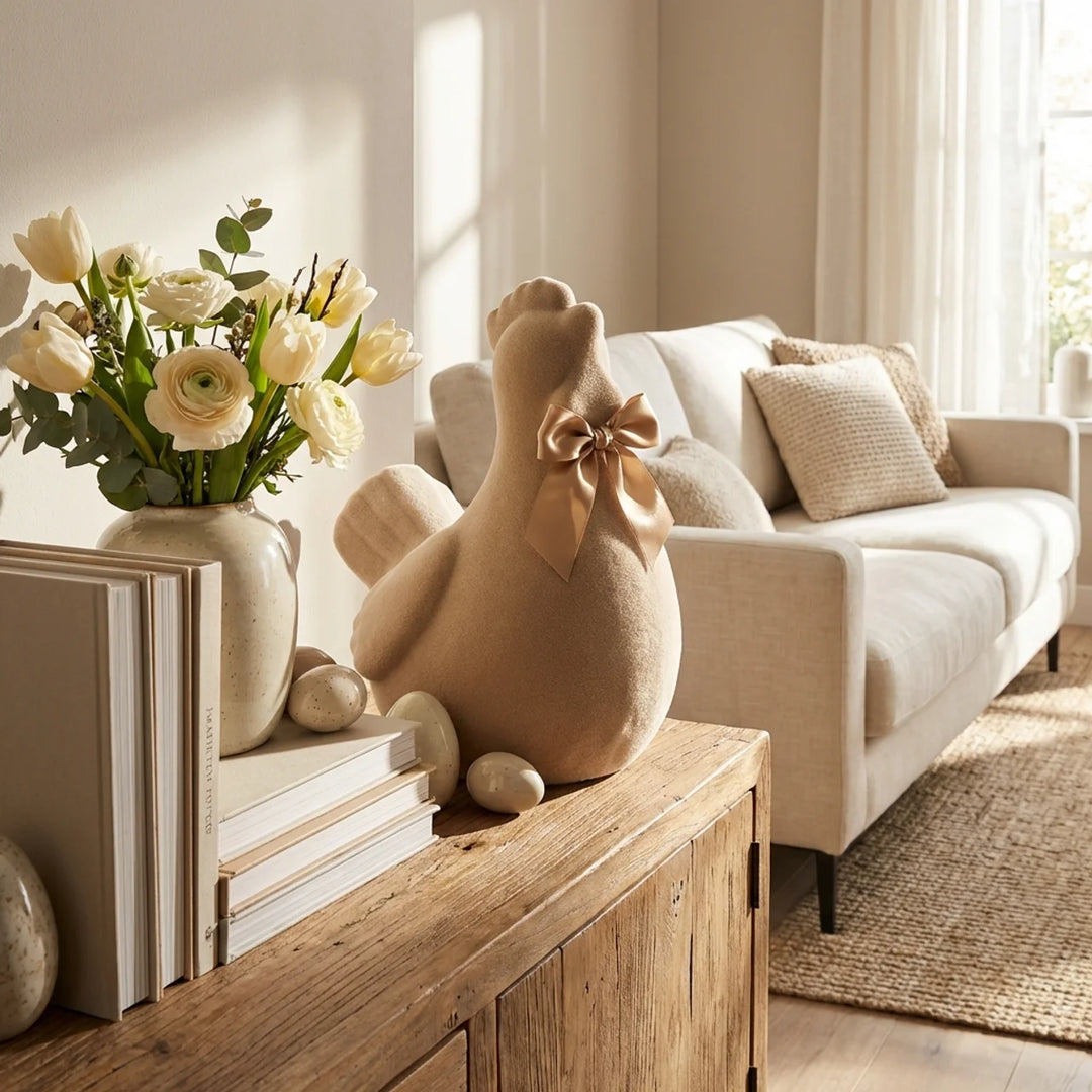 Paaskip Decoratie XL 42 cm – Flock Paasbeeld met Strik | Luxe Paasdecoratie