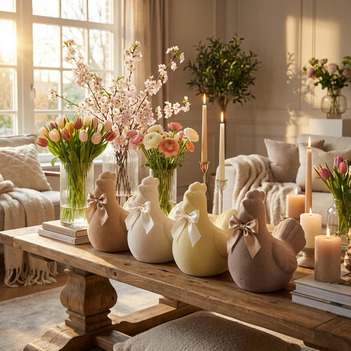 Paaskip Decoratie XL 42 cm – Flock Paasbeeld met Strik | Luxe Paasdecoratie