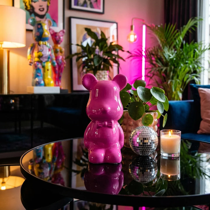 Roze Beer Beeldje 15 cm – Glanzend Decoratie Beeld met Strik