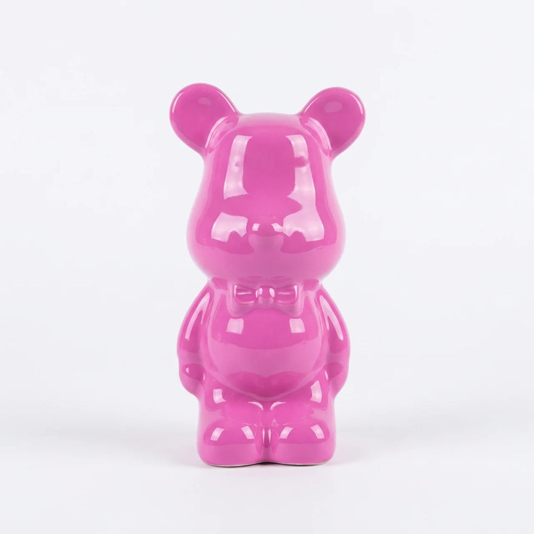 Roze Beer Beeldje 15 cm – Glanzend Decoratie Beeld met Strik