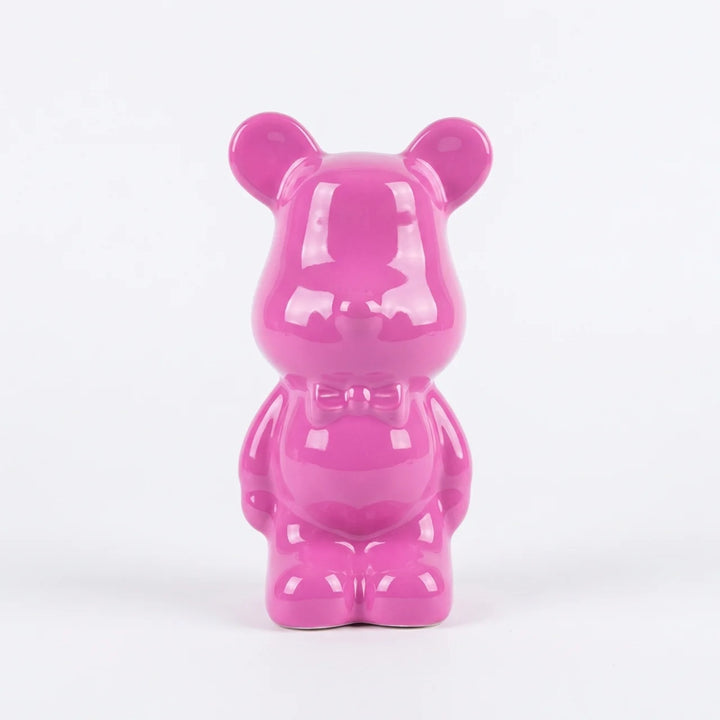 Roze Beer Beeldje 15 cm – Glanzend Decoratie Beeld met Strik
