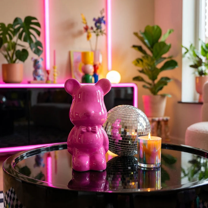 Roze Beer Beeldje 15 cm – Glanzend Decoratie Beeld met Strik