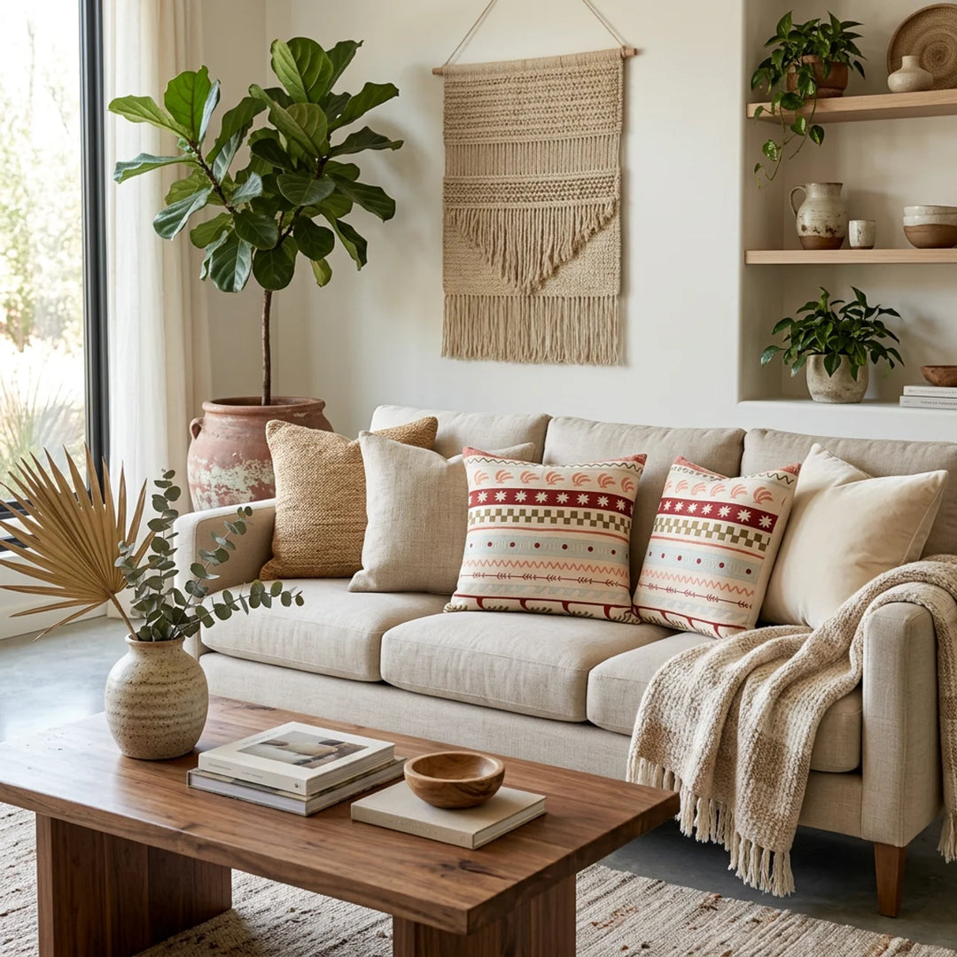 Lente Bohemian Sierkussen 45x45 cm – Terracotta Strepen Design