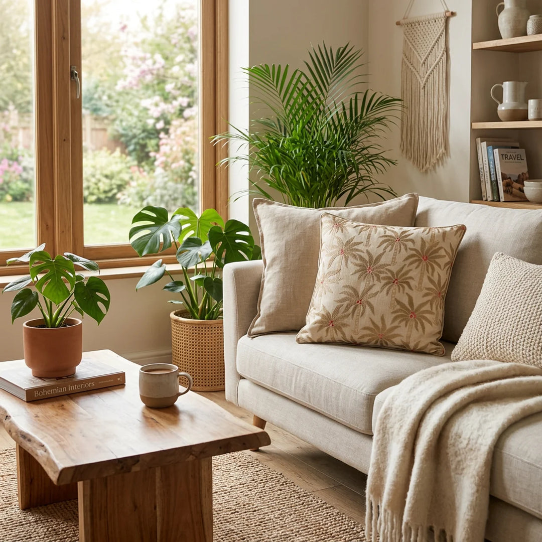 Lente Sierkussen 45x45 – Bruin Beige met Palmbomen