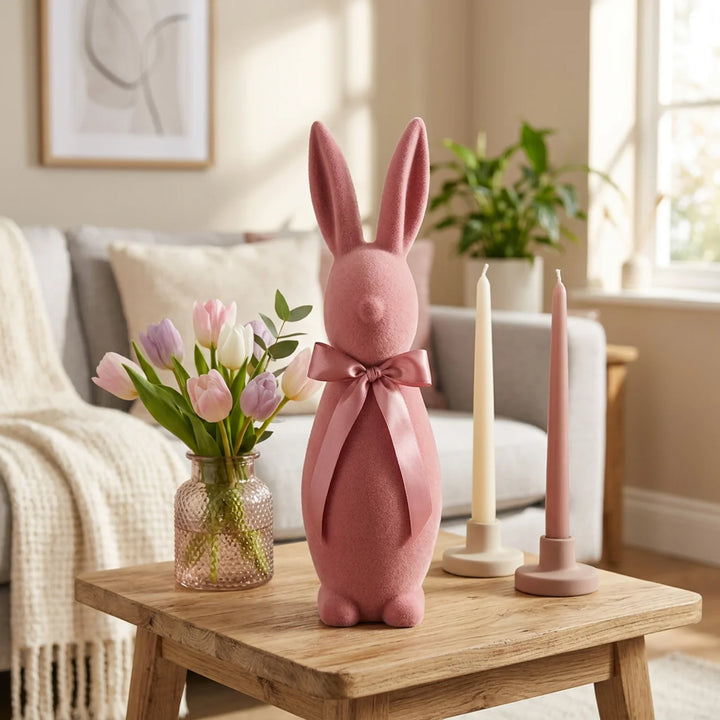 Paashaas Decoratie Flock 31 cm – Pastel Konijn met Strik