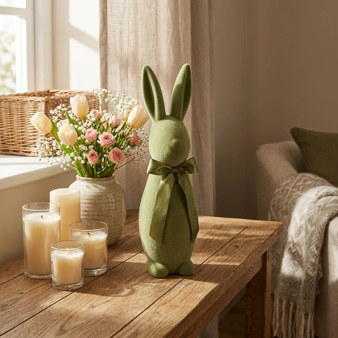 Paashaas Decoratie Flock 31 cm – Pastel Konijn met Strik
