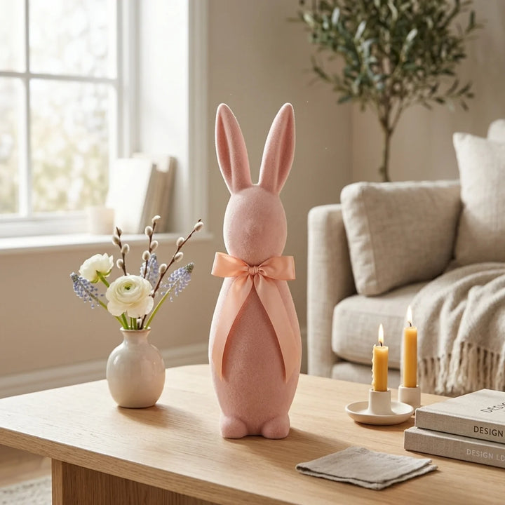 Paashaas Decoratie Flock 31 cm – Pastel Konijn met Strik