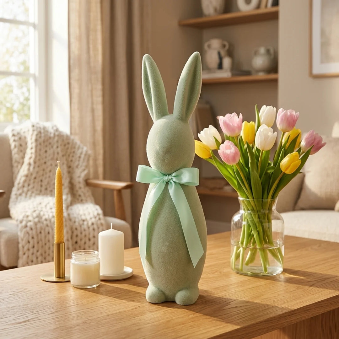 Paashaas Decoratie Flock 31 cm – Pastel Konijn met Strik